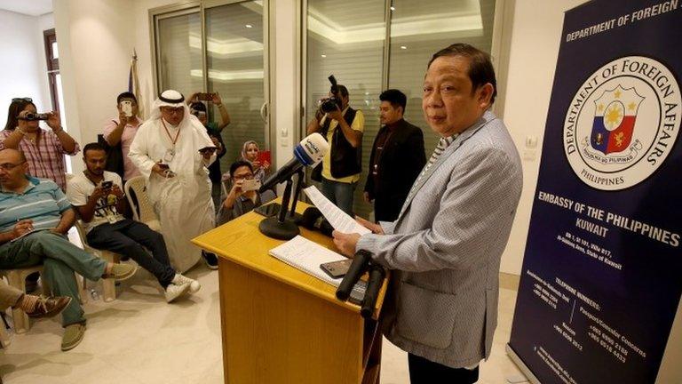 Filipino Ambassador in Kuwait Renato PO Villa speaking on 21 April 2018