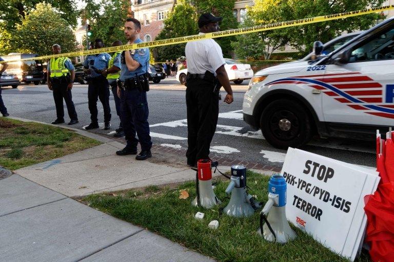 Police secure the street outside the Turkish ambassador's residence during a visit by President Recep Tayyip Erdogan on May 16, 2017 in Washington, DC.