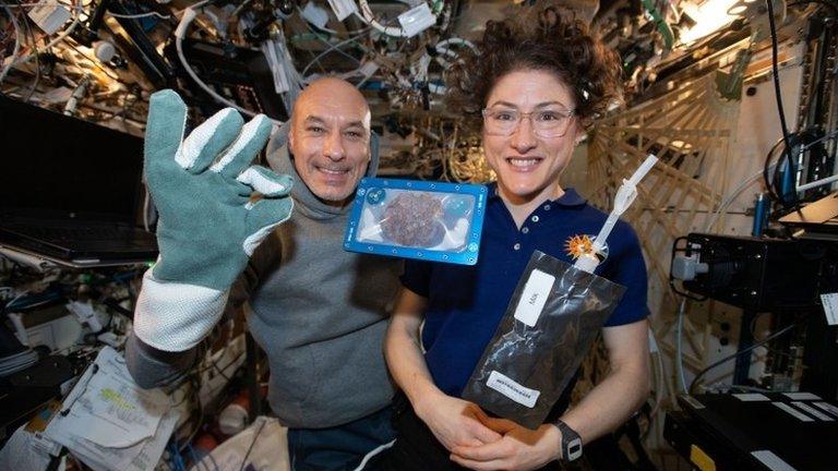 NASA of ISS commander Luca Parmitano and astronaut Christina Koch with milk and cookies on board the International Space Station