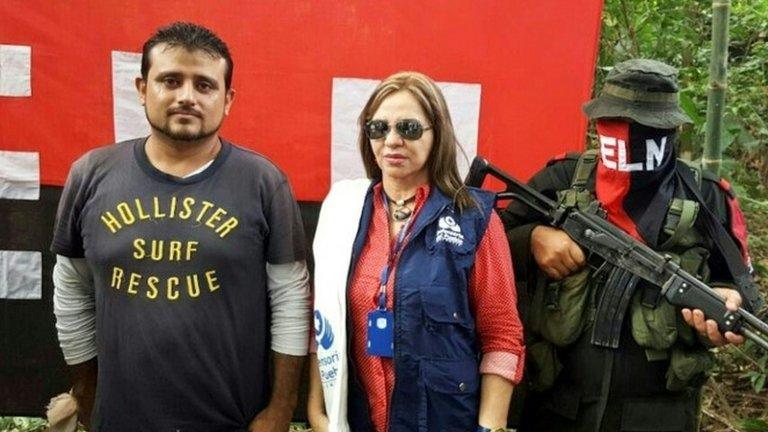 Release of Nelson Alarcon (L) by Colombia"s National Liberation Army (ELN) in a rural area in Saravena, department of Arauca, Colombia, on October 10, 2016.