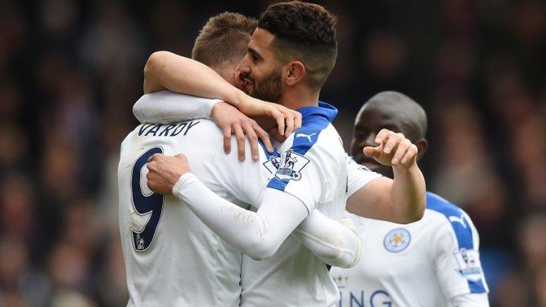 Riyad Mahrez and Jamie Vardy celebrate Leicester's winning goal at Crystal Palace