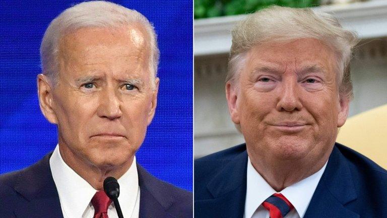 A composite image showing Joe Biden on the left and Donald Trump on the right