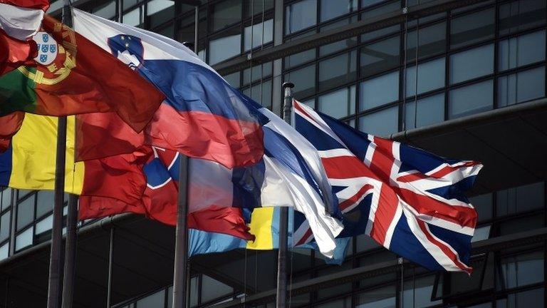 Britain's flag (right) flies among EU member states' flags in front of the European Parliament in Strasbourg. Photo: 9 June 2016