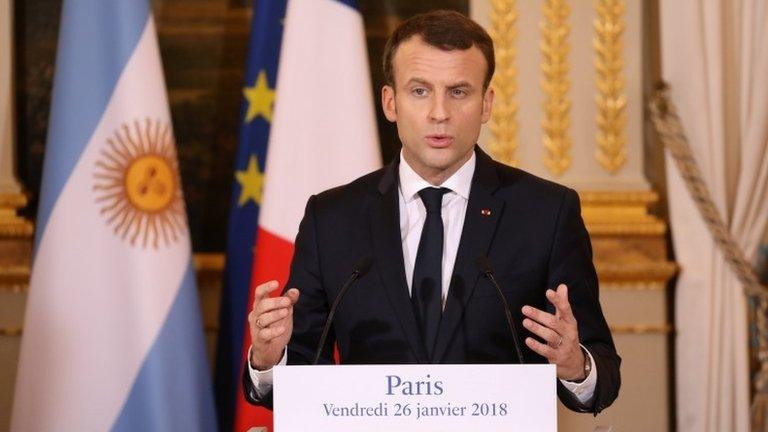 French President Emmanuel Macron takes part in a press conference with Argentina"s President Mauricio Macri (not pictured) at the Elysee Palace in Paris, France, January 26, 2018.