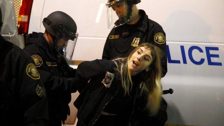 Police arrest a protester against Donald Trump in Portland, Oregon, 10 November 2016