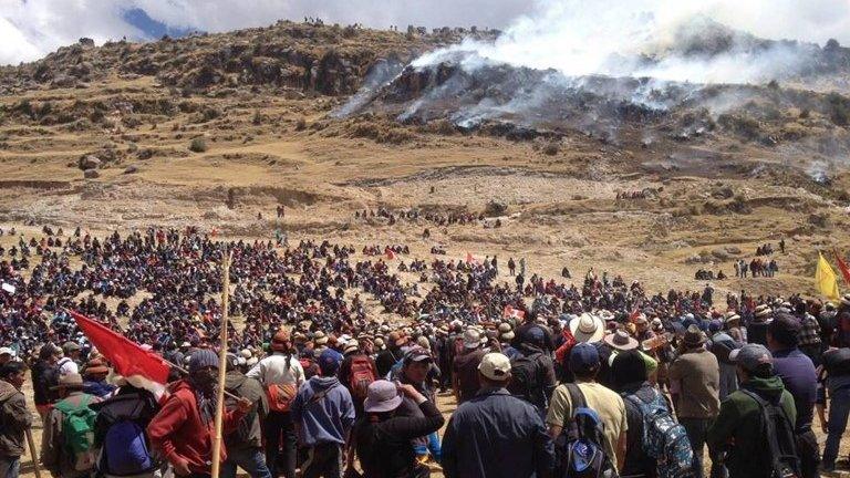 Demonstrators during a protest against the copper mining project Las Bambas on 28 September 2015