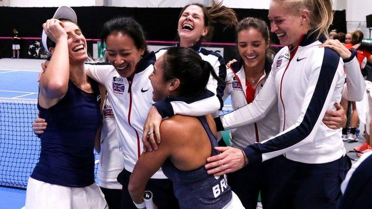 Great Britain celebrate their Fed Cup win over Croatia