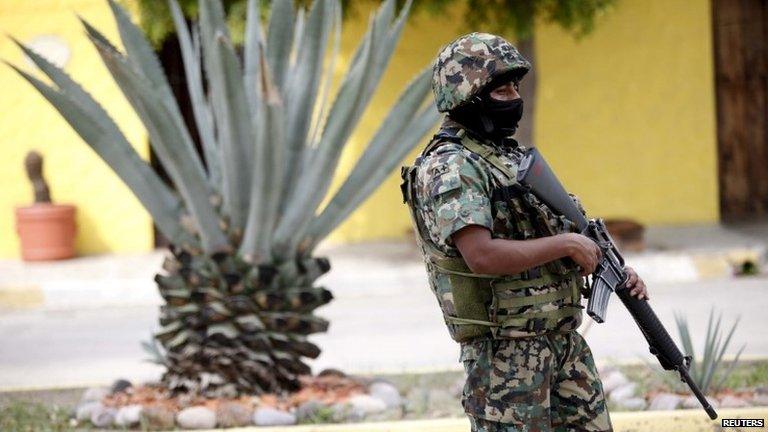 A Mexican Marine stands guard during a search operation to locate drug lord Joaquin Guzman in Mazatlan on 15 July, 2015.