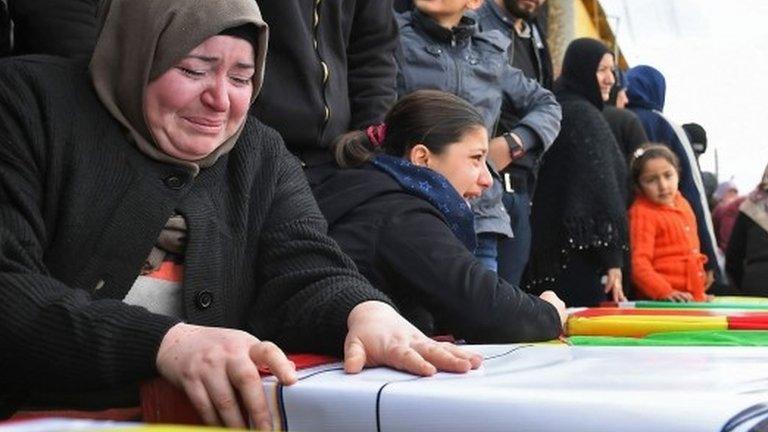 Syrian women mourn at the funeral in Afrin city of several civilians and fighters killed during the Turkish offensive on the Kurdish enclave on Afrin (25 January 2018)