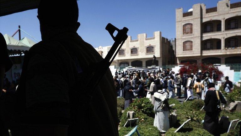 Yemenis attend the funeral of slain Houthi fighters, who were allegedly killed in the country's recent fierce fighting, at a cemetery in Sanaa, Yemen, on 18 March 2021