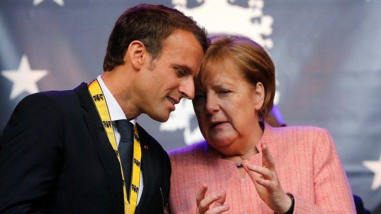 French President Emmanuel Macron and German Chancellor Angela Merkel, 11 May 2018