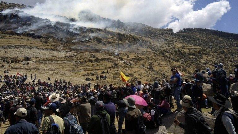 People protest in front of Las Bambas mine project where a clash between police and locals protesting against the copper mine project in the Apurimac region left 4 dead people on 28 September, 2015