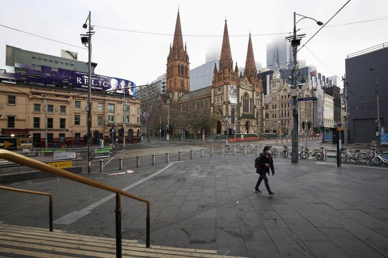 A general view of Flinders Street Station in Melbourne, Australia, 12 July 2020 where new coronavirus restrictions are in place