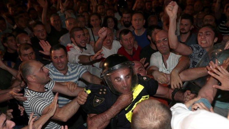 Protesters clash with police in Tbilisi, Georgia. Photo: 20 June 2019