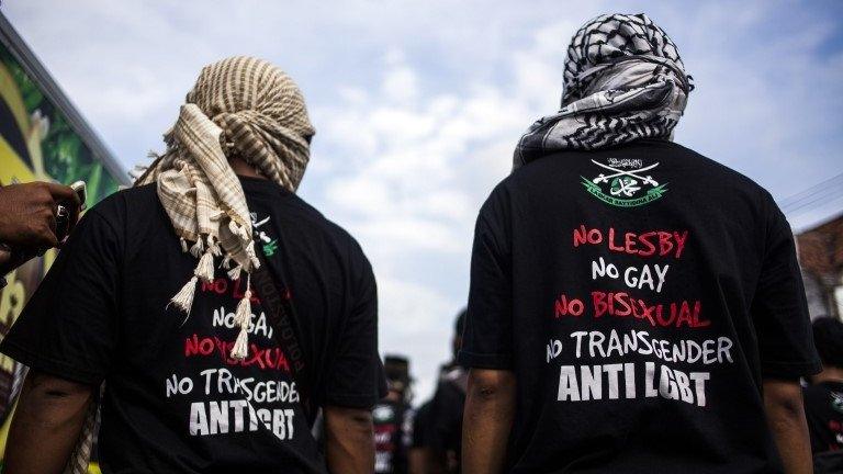 In this photo taken on February 23, 2016 shows anti-LGBT Muslim group marching to blockade pro-LGBT protesters in Yogyakarta, in Java island.