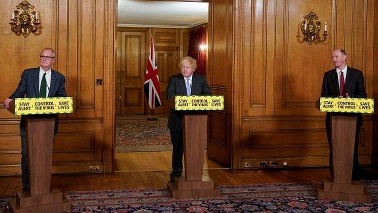 Sir Patrick Vallance, Boris Johnson and Prof Chris Whitty