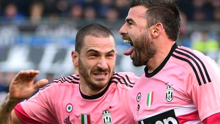 Andrea Barzagli celebrates his goal for Juventus against Atalanta