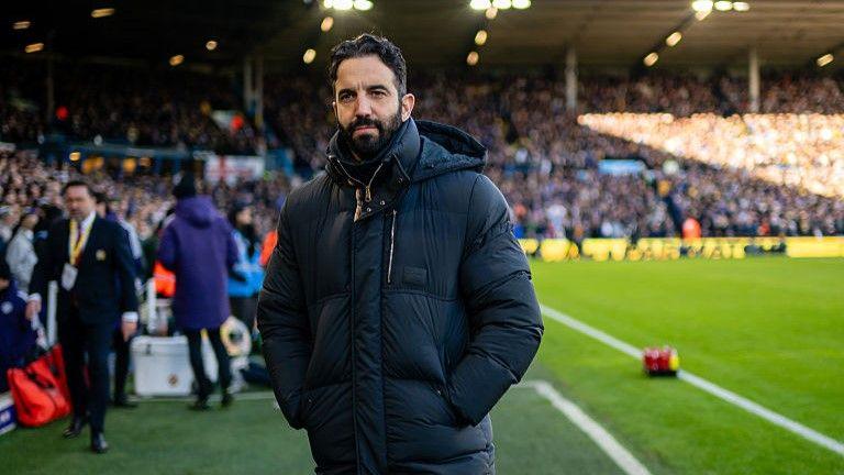 Manchester United head coach Ruben Amorim in a dark winter coat on the touchline before the 1-1 draw with Leeds