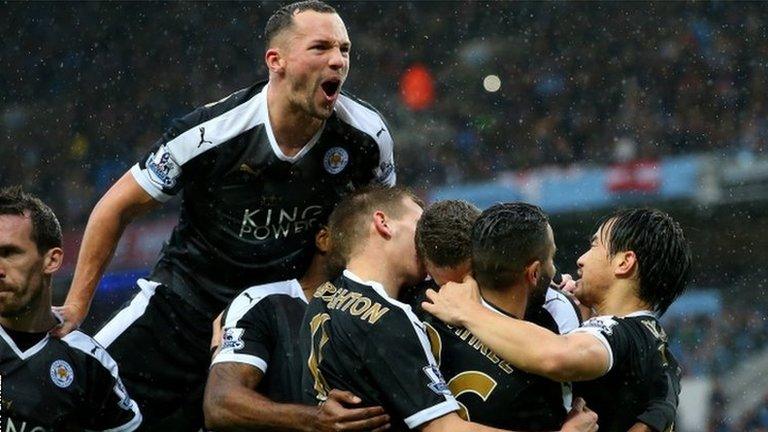 Leicester celebrate Robert Huth's early goal