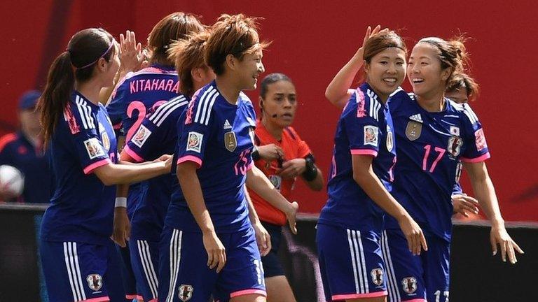 Japan celebrate their opening goal