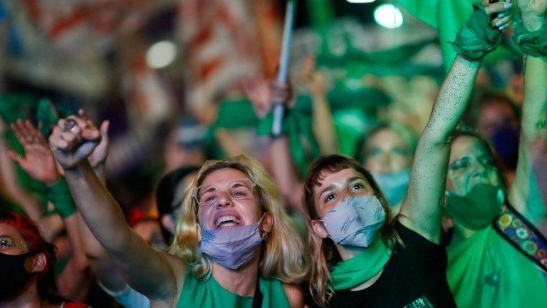 Demonstrators in favour of legalizing abortion attend a rally as the senate debates an abortion bill, in Buenos Aires, Argentina, December 30, 2020.