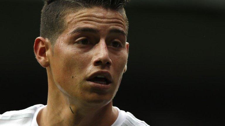 Real Madrid's James Rodriguez reacts during a La Liga soccer match between Real Madrid and Athletic Bilbao at the Santiago Bernabeu stadium in Madrid, Spain, Saturday, Feb. 13, 2016.