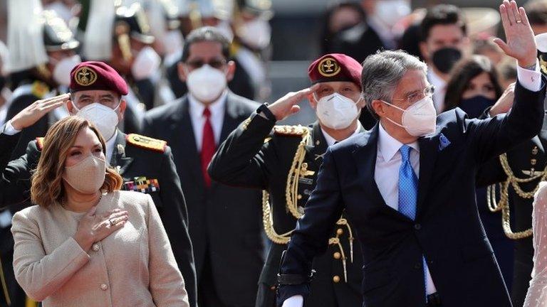 Ecuador;s President-elect Guillermo Lasso (R), accompanied by his wife Maria De Lourdes Alcivar (L), arrives for his inauguration ceremony at the headquarters of the National Assembly in Quito, Ecuador, 24 May 2021.