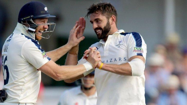 Yorkshire's Liam Plunkett and Andrew Gale celebrate