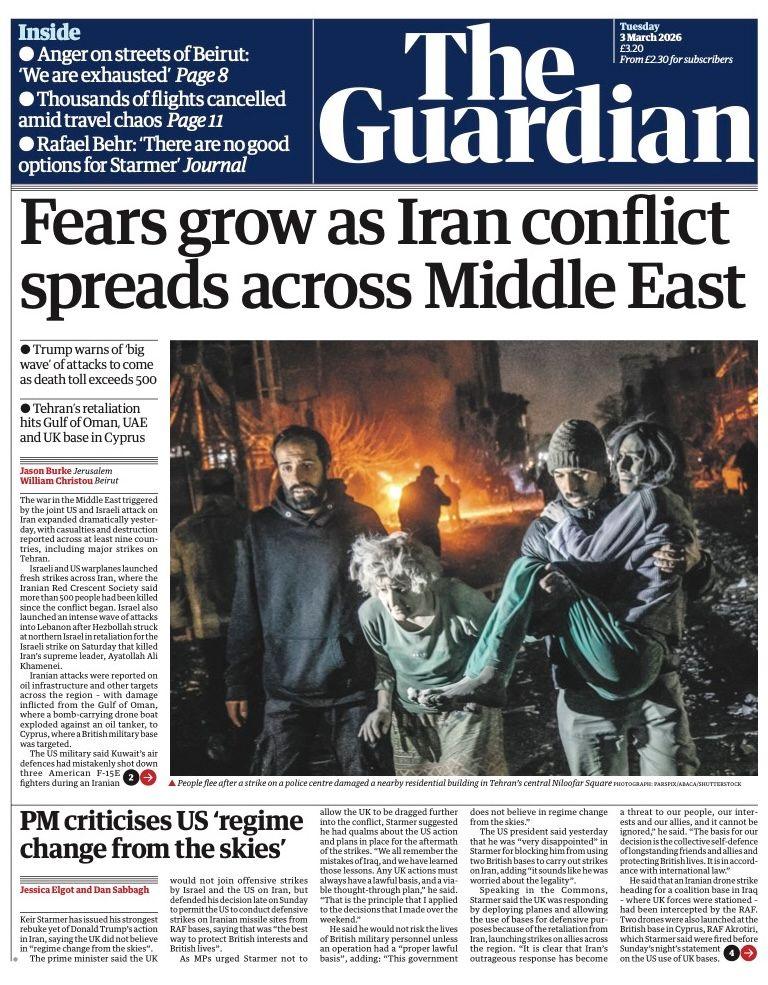 Titulli në faqen e parë të gazetës Guardian thotë: “Frika rritet ndërsa konflikti i Iranit përhapet në të gjithë Lindjen e Mesme”.
