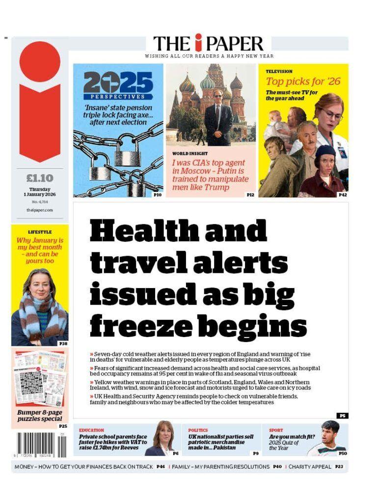 Titulli në faqen e parë të iPaper thotë: "Alarme shëndetësore dhe udhëtimi të lëshuara ndërsa fillon ngrica e madhe".