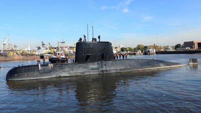 The Argentine military submarine ARA San Juan and crew are seen leaving the port of Buenos Aires, Argentina June 2, 2014. Picture taken on June 2, 2014.