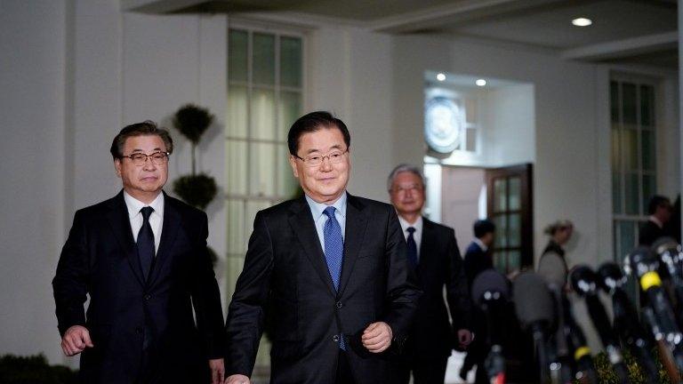 outh Korean National Security Advisor Chung Eui-yong (C) and South Korea National Intelligence Service chief Suh Hoon (L) make their way to brief reporters outside the West Wing of the White House on March 8, 2018 in Washington, DC