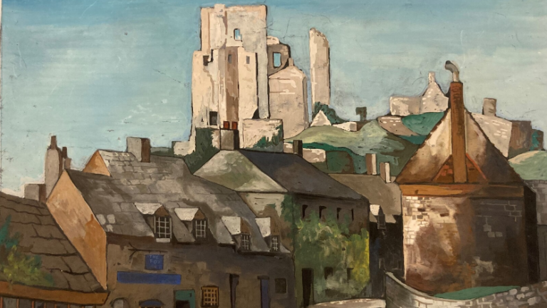 A painting of the historical village of Corfe Castle with the castle ruins rising up on the hill in the background.