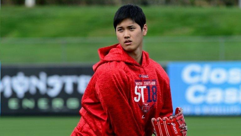 Feb 13, 2018; Tempe, AZ, USA; Los Angeles Angels pitcher Shohei Ohtani plays catch during a workout at Tempe Diablo Stadium. Mandatory Credit: Matt Kartozian-USA TODAY Sports