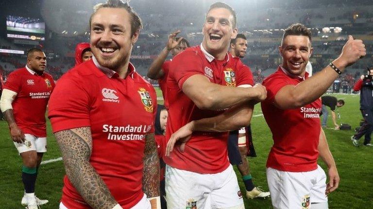 Lions captain Sam Warburton, (centre), Jack Nowell (left) and Rhys Webb acknowledge the Lions supporters