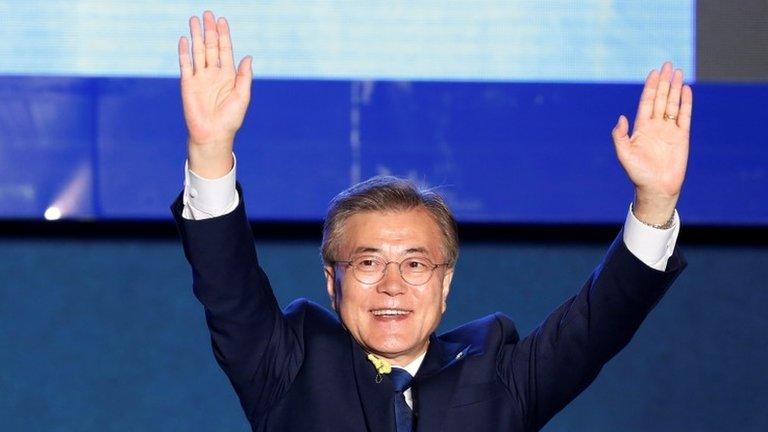 South Korea's president-elect Moon Jae-in celebrates at Gwanghwamun Square in Seoul, South Korea, May 9, 2017