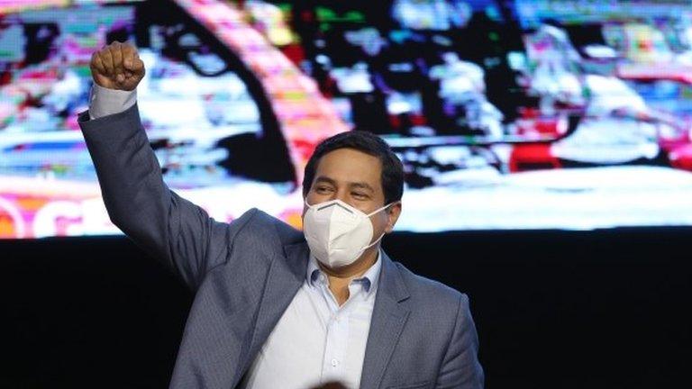 Andres Arnauz celebrates after winning the first round of the general elections in Ecuador, in Quito, Ecuador, 07 February 2021