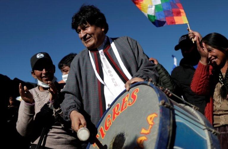 Bolivia's former President Evo Morales gplays a drum during a caravan between Uyuni and Oruro, upon his return to the country, in Uyuni, Bolivia November 10, 2020.