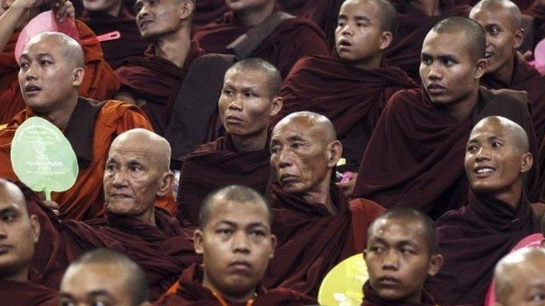 Buddhist monks who support the powerful Ma Ba Tha movement at a rally in Yangon on Sunday