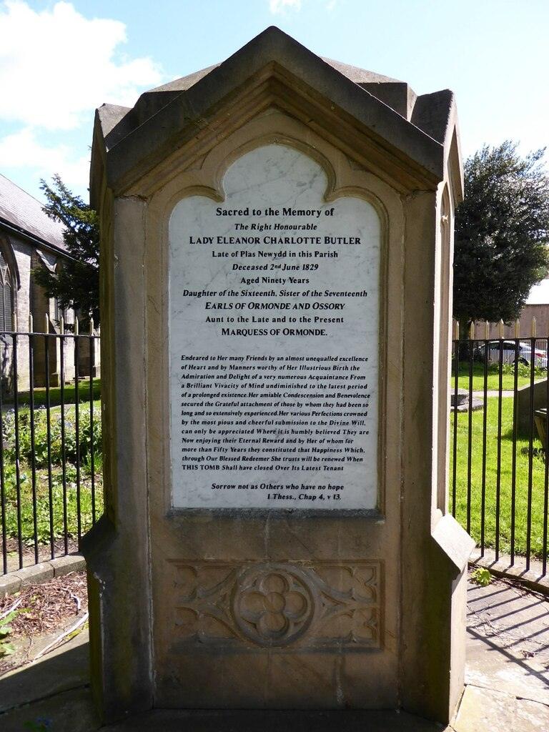 Memorial to Lady Eleanor Charlotte Butler, one of the Ladies of Llangollen. The memorial is in St Collen's churchyard. There are three sides to this memorial which includes the ladies' housekeeper