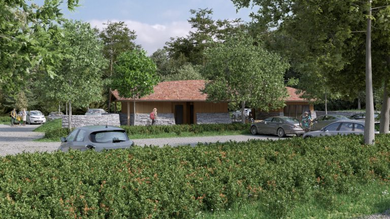 Artist's impression of a car park with cars with hedges blocking the view partially. 