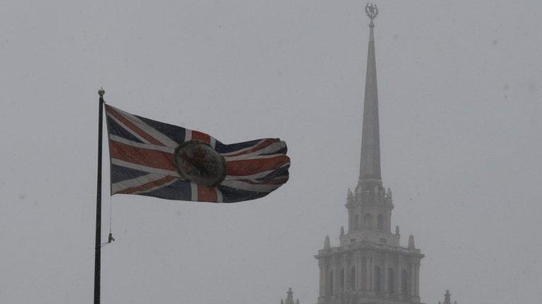 The British flag flies on the embassy building, with the Radisson Royal Hotel, also known as Ukraine Hotel or Ukraina Hotel, seen in the background, in Moscow, Russia March 23, 2018