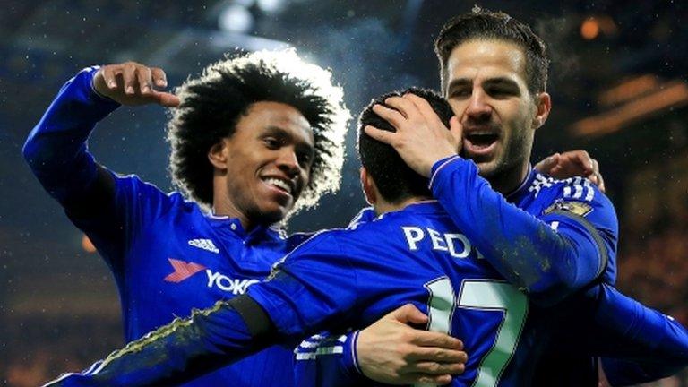 Chelsea celebrate Pedro's goal