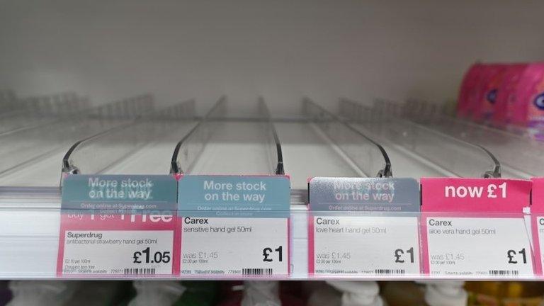 An empty hand sanitiser shelf in Superdrug in London