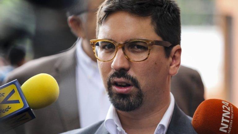 The vice president of the National Assembly of Venezuela, Freddy Guevara, talks to the press during an event at the Spanish embassy in Caracas, Venezuela, 18 August 2017