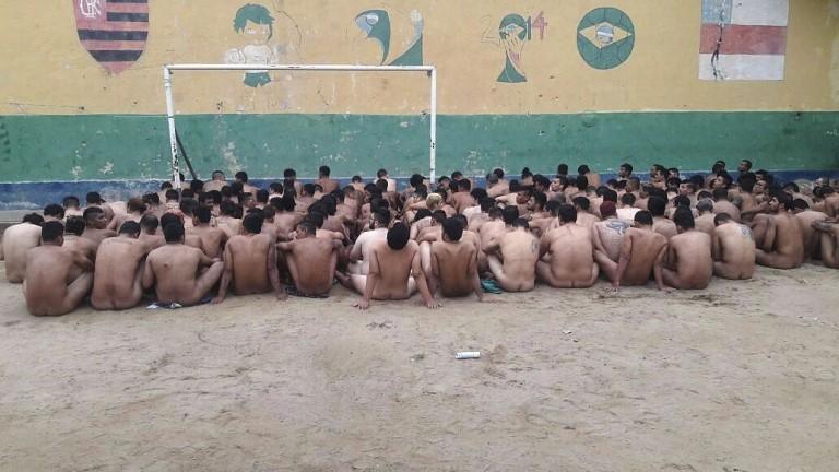 a group of inmates during an inspection by authorities after riots at the Desembargador Raimundo Vidal Pessoa prison in Manaus, Brazil, 08 January 2017.