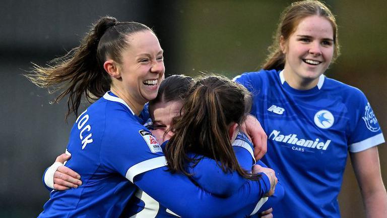 Mikayla Cook celebrates with Cardiff City team-mates after scoring the winner against The New Saints