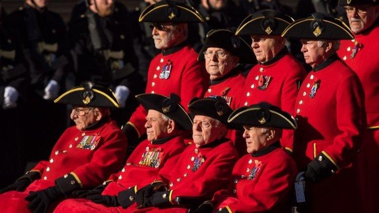 Chelsea pensioners take part in the parade during the annual ceremony at the Cenotaph memorial on Whitehall