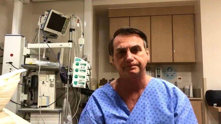 Brazil's President Jair Bolsonaro speaking before undergoing surgery to remove a colostomy bag at the Albert Einstein Hospital in Sao Paulo, Brazil, on 27 January 2019