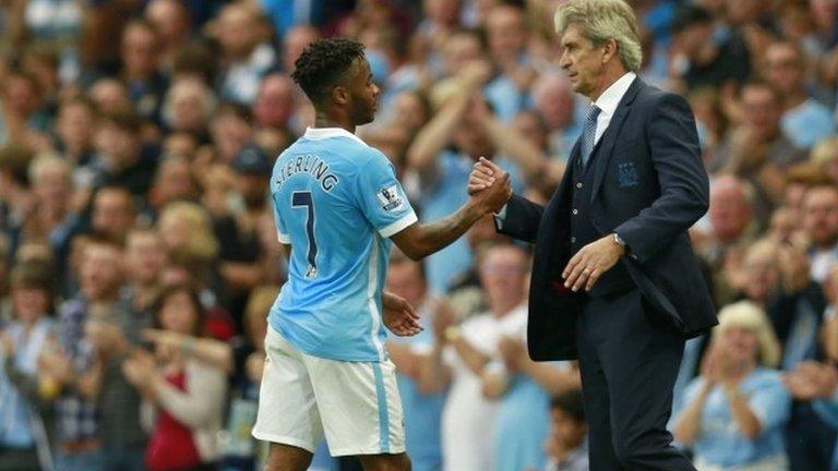 Manchester City's Raheem Sterling and Manuel Pellegrini